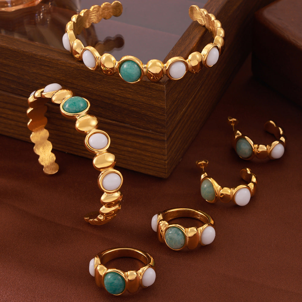 Wholesale Geometric inlaid natural stone stitching round beads titanium steel jewelry set